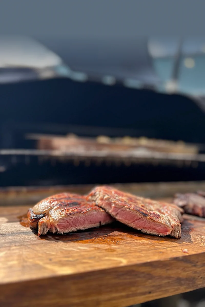 Gegrild vlees op een houten plank bij de smoker van DP Event Catering